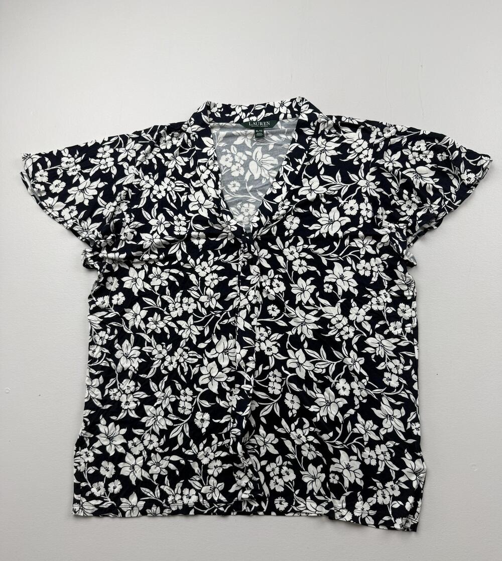 Lauren Ralph Lauren Blouse Womens XL Black Floral Collared Short Flutter Sleeve